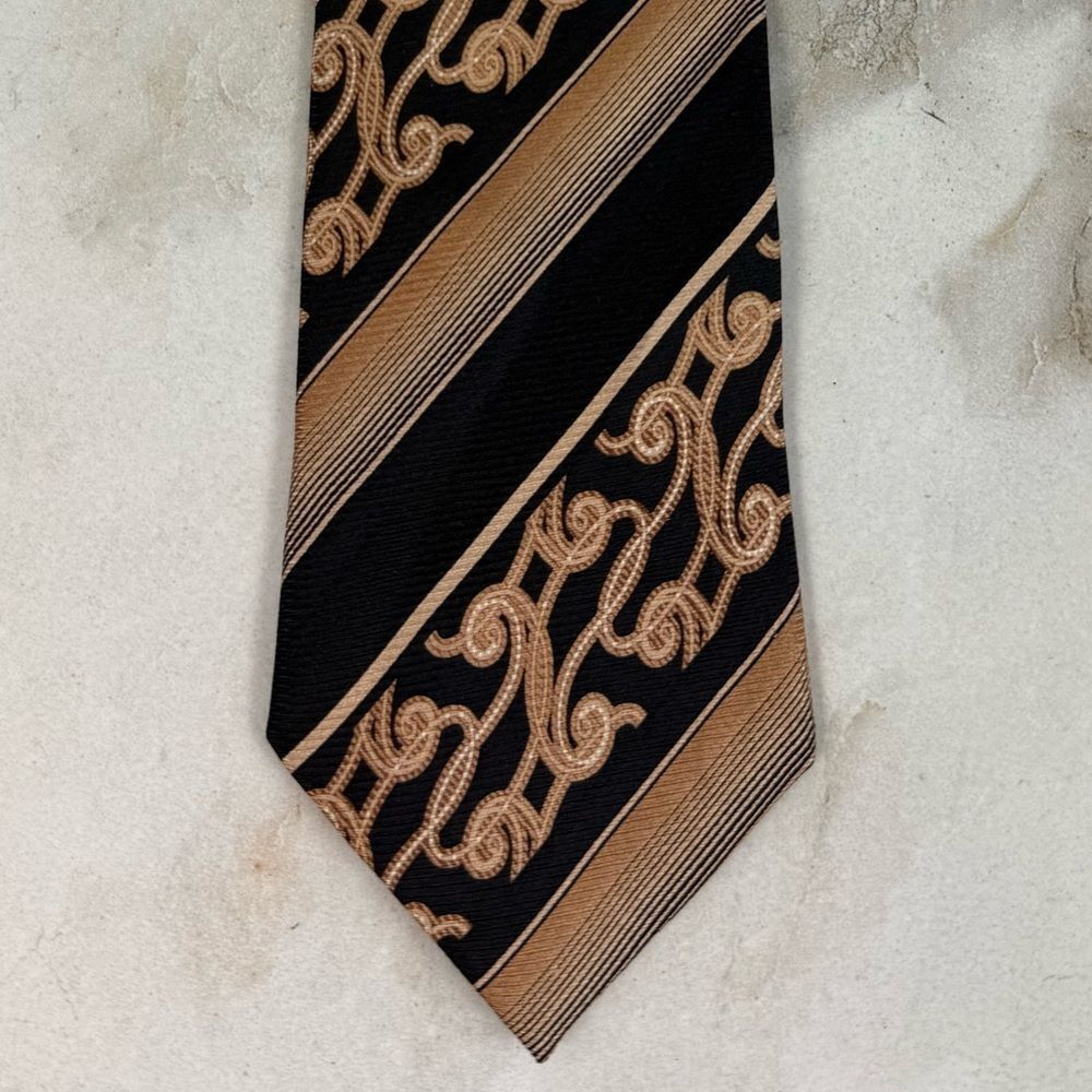 Shore & Singer Black Gold Stripe Floral 100% Silk Handmade Tie